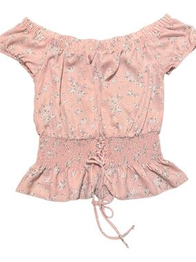 Ultra Flirt Light Pink Floral Smocked Off-Shoulder Top